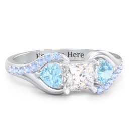 1/2 ct. Princess Gemstone Engagement Ring with Heart Stones & Accents Stones in 925 Sterling Silver with White Premium Zirconia, Blue Topaz, and Fancy Blue Premium Zirconia