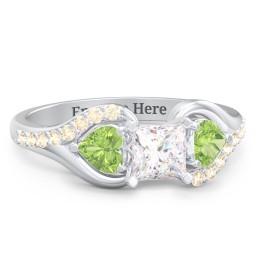1/2 ct. Princess Gemstone Engagement Ring with Heart Stones & Accents Stones in 925 Sterling Silver with White Premium Zirconia, Peridot, and Fancy Yellow Premium Zirconia