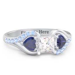 1/2 ct. Princess Gemstone Engagement Ring with Heart Stones & Accents Stones in 925 Sterling Silver with White Premium Zirconia, Blue Sapphire, and Fancy Blue Premium Zirconia