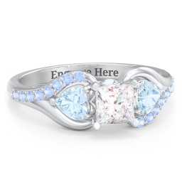 1/2 ct. Princess Gemstone Peek-A-Boo Engagement Ring with Heart Stones & Accents Stones in 925 Sterling Silver with White Premium Zirconia, Aquamarine, and Fancy Blue Premium Zirconia