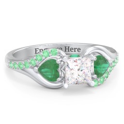 1/2 ct. Princess Gemstone Peek-A-Boo Engagement Ring with Heart Stones & Accents Stones in 925 Sterling Silver with White Premium Zirconia, Emerald, and Green Premium Zirconia