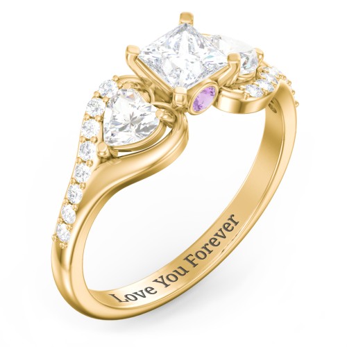 1/2 ct. Princess Gemstone Peek-A-Boo Engagement Ring with Heart Stones & Accents Stones – 10K Yellow Gold with White Premium Zirconia, Cubic Zirconia, and Amethyst
