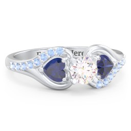 1/3 ct. Round Gemstone Engagement Ring with Heart Stones & Accents Stones in 925 Sterling Silver with White Premium Zirconia, Blue Sapphire, and Fancy Blue Premium Zirconia