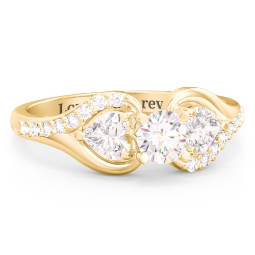 1/3 ct. Round Gemstone Engagement Ring with Heart Stones & Accents Stones – 10K Yellow Gold with White Premium Zirconia and Cubic Zirconia
