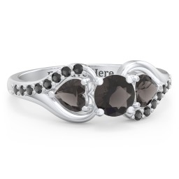 1/2 ct. Round Gemstone Engagement Ring with Heart Stones & Accents Stones in 925 Sterling Silver with Smokey Quartz and Black Premium Zirconia