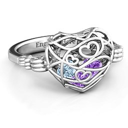Caged Hearts Ring with 2-6 Stones in 925 Sterling Silver with Amethyst, Aquamarine, Citrine, Smokey Quartz, and Pink Tourmaline