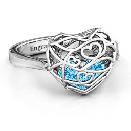 Caged Hearts Ring with 2-6 Stones in 925 Sterling Silver with Blue Topaz, Citrine, Smokey Quartz, and Pink Tourmaline