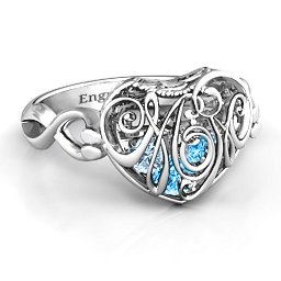 Caged Hearts Ring with 2-6 Stones in 925 Sterling Silver with Blue Topaz, Aquamarine, Citrine, Smokey Quartz, and Pink Tourmaline