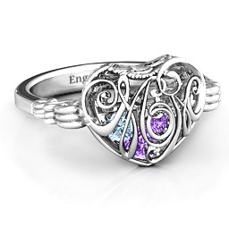 Caged Hearts Ring with 2-6 Stones in 925 Sterling Silver with Amethyst, Aquamarine, Citrine, Smokey Quartz, and Pink Tourmaline