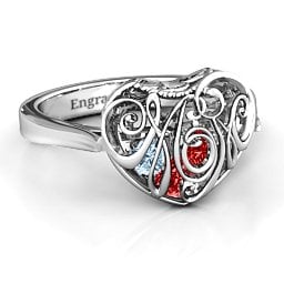 Caged Hearts Ring with 2-6 Stones in 925 Sterling Silver with Garnet, Aquamarine, Citrine, Smokey Quartz, and Pink Tourmaline