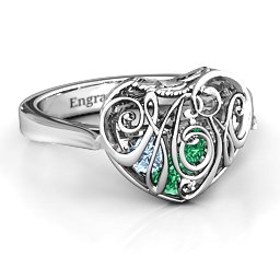 Caged Hearts Ring with 2-6 Stones in 925 Sterling Silver with Emerald, Aquamarine, Citrine, Smokey Quartz, and Pink Tourmaline