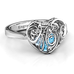 Caged Hearts Ring with 2-6 Stones in 925 Sterling Silver with Blue Topaz, Aquamarine, Citrine, Smokey Quartz, and Pink Tourmaline