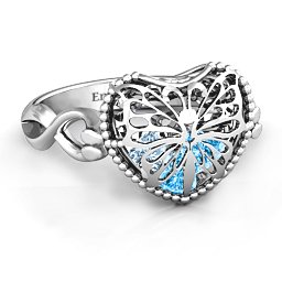 Caged Hearts Ring with 2-6 Stones in 925 Sterling Silver with Blue Topaz, Aquamarine, Citrine, Smokey Quartz, and Pink Tourmaline