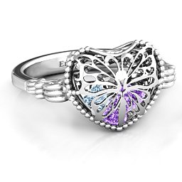 Caged Hearts Ring with 2-6 Stones in 925 Sterling Silver with Amethyst, Aquamarine, Citrine, Smokey Quartz, and Pink Tourmaline