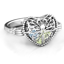 Caged Hearts Ring with 2-6 Stones in 925 Sterling Silver with Peridot, Aquamarine, Citrine, Smokey Quartz, and Pink Tourmaline