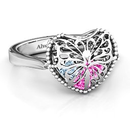 Caged Hearts Ring with 2-6 Stones in 925 Sterling Silver with Pink Tourmaline, Aquamarine, Citrine, and Smokey Quartz