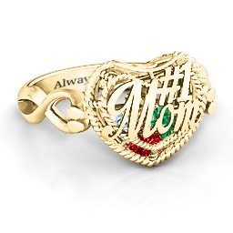 Caged Hearts Ring with 2-6 Stones in 10K Solid Yellow Gold with Garnet, Emerald, Aquamarine, Citrine, Smokey Quartz, and Pink Tourmaline