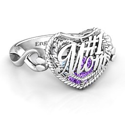 Caged Hearts Ring with 2-6 Stones in 925 Sterling Silver with Amethyst, Aquamarine, Citrine, Smokey Quartz, and Pink Tourmaline