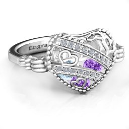Caged Hearts Ring with 2-6 Stones in 925 Sterling Silver with Amethyst, Aquamarine, Citrine, Smokey Quartz, and Pink Tourmaline