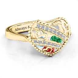Caged Hearts Ring with 2-6 Stones in 10K Solid Yellow Gold with Garnet, Emerald, Aquamarine, Citrine, Smokey Quartz, and Pink Tourmaline