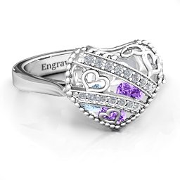 Caged Hearts Ring with 2-6 Stones in 925 Sterling Silver with Amethyst, Aquamarine, Citrine, Smokey Quartz, and Pink Tourmaline