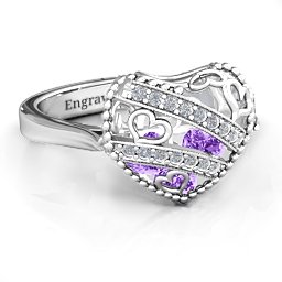 Caged Hearts Ring with 2-6 Stones in 925 Sterling Silver with Amethyst, Citrine, Smokey Quartz, and Pink Tourmaline