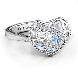Caged Hearts Ring with 2-6 Stones in 925 Sterling Silver with Aquamarine, Citrine, Smokey Quartz, and Pink Tourmaline