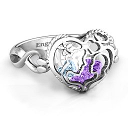 Caged Hearts Ring with 2-6 Stones in 925 Sterling Silver with Amethyst, Aquamarine, Citrine, Smokey Quartz, and Pink Tourmaline