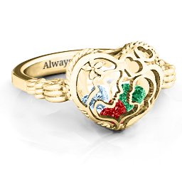 Caged Hearts Ring with 2-6 Stones in 10K Solid Yellow Gold with Garnet, Emerald, Aquamarine, Citrine, Smokey Quartz, and Pink Tourmaline