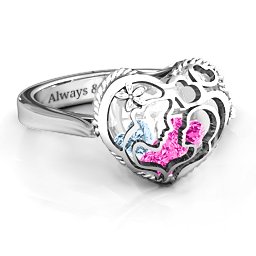 Caged Hearts Ring with 2-6 Stones in 925 Sterling Silver with Pink Tourmaline, Aquamarine, Citrine, and Smokey Quartz