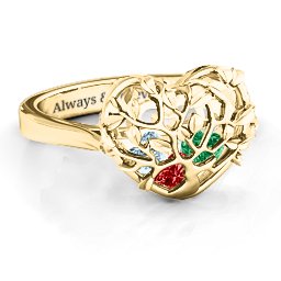Caged Hearts Ring with 2-6 Stones in 10K Solid Yellow Gold with Garnet, Emerald, Aquamarine, Citrine, Smokey Quartz, and Pink Tourmaline