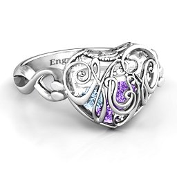 Caged Hearts Ring with 2-6 Stones in 925 Sterling Silver with Amethyst, Aquamarine, Citrine, Smokey Quartz, and Pink Tourmaline
