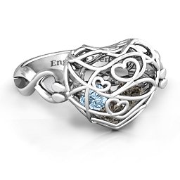Caged Hearts Ring with 2-6 Stones in 925 Sterling Silver with Smokey Quartz, Aquamarine, Citrine, and Pink Tourmaline