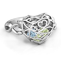 Caged Hearts Ring with 2-6 Stones in 925 Sterling Silver with Peridot, Aquamarine, Citrine, Smokey Quartz, and Pink Tourmaline
