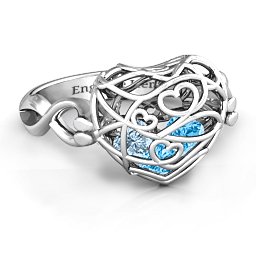 Caged Hearts Ring with 2-6 Stones in 925 Sterling Silver with Blue Topaz, Aquamarine, Citrine, Smokey Quartz, and Pink Tourmaline
