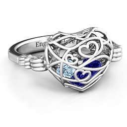 Caged Hearts Ring with 2-6 Stones in 925 Sterling Silver with Blue Sapphire, Aquamarine, Citrine, Smokey Quartz, and Pink Tourmaline