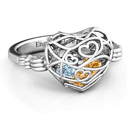Caged Hearts Ring with 2-6 Stones in 925 Sterling Silver with Citrine, Aquamarine, Smokey Quartz, and Pink Tourmaline