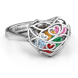 Caged Hearts Ring with 2-6 Stones in 925 Sterling Silver with Garnet, Emerald, Aquamarine, Citrine, Smokey Quartz, and Pink Tourmaline