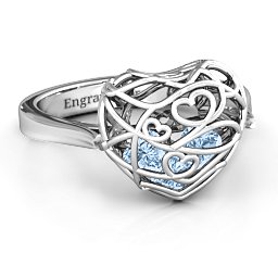 Caged Hearts Ring with 2-6 Stones in 925 Sterling Silver with Aquamarine, Citrine, Smokey Quartz, and Pink Tourmaline