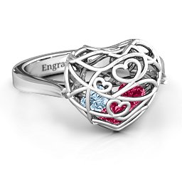 Caged Hearts Ring with 2-6 Stones in 925 Sterling Silver with Ruby, Aquamarine, Citrine, Smokey Quartz, and Pink Tourmaline