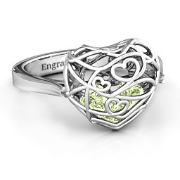 Caged Hearts Ring with 2-6 Stones in 925 Sterling Silver with Peridot, Citrine, Smokey Quartz, and Pink Tourmaline