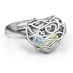 Caged Hearts Ring with 2-6 Stones in 925 Sterling Silver with Peridot, Aquamarine, Citrine, Smokey Quartz, and Pink Tourmaline
