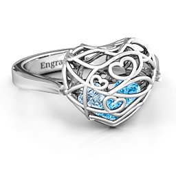 Caged Hearts Ring with 2-6 Stones in 925 Sterling Silver with Blue Topaz, Aquamarine, Citrine, Smokey Quartz, and Pink Tourmaline