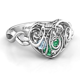 Caged Hearts Ring with 2-6 Stones in 925 Sterling Silver with Emerald, Aquamarine, Citrine, Smokey Quartz, and Pink Tourmaline