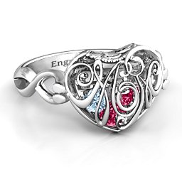 Caged Hearts Ring with 2-6 Stones in 925 Sterling Silver with Ruby, Aquamarine, Citrine, Smokey Quartz, and Pink Tourmaline