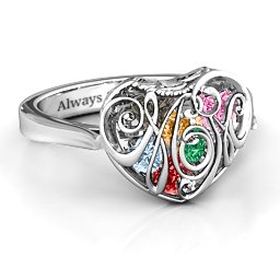 Caged Hearts Ring with 2-6 Stones in 925 Sterling Silver with Garnet, Emerald, Aquamarine, Citrine, Smokey Quartz, and Pink Tourmaline