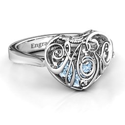 Caged Hearts Ring with 2-6 Stones in 925 Sterling Silver with Aquamarine, Citrine, Smokey Quartz, and Pink Tourmaline