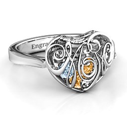 Caged Hearts Ring with 2-6 Stones in 925 Sterling Silver with Citrine, Aquamarine, Smokey Quartz, and Pink Tourmaline