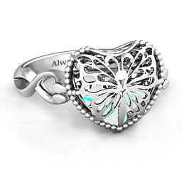 Caged Hearts Ring with 2-6 Stones in 925 Sterling Silver with Opal, Citrine, Smokey Quartz, and Pink Tourmaline