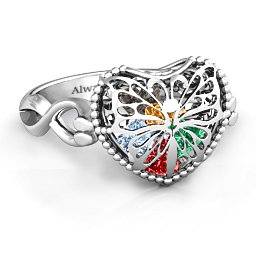 Caged Hearts Ring with 2-6 Stones in 925 Sterling Silver with Garnet, Emerald, Aquamarine, Citrine, Smokey Quartz, and Pink Tourmaline